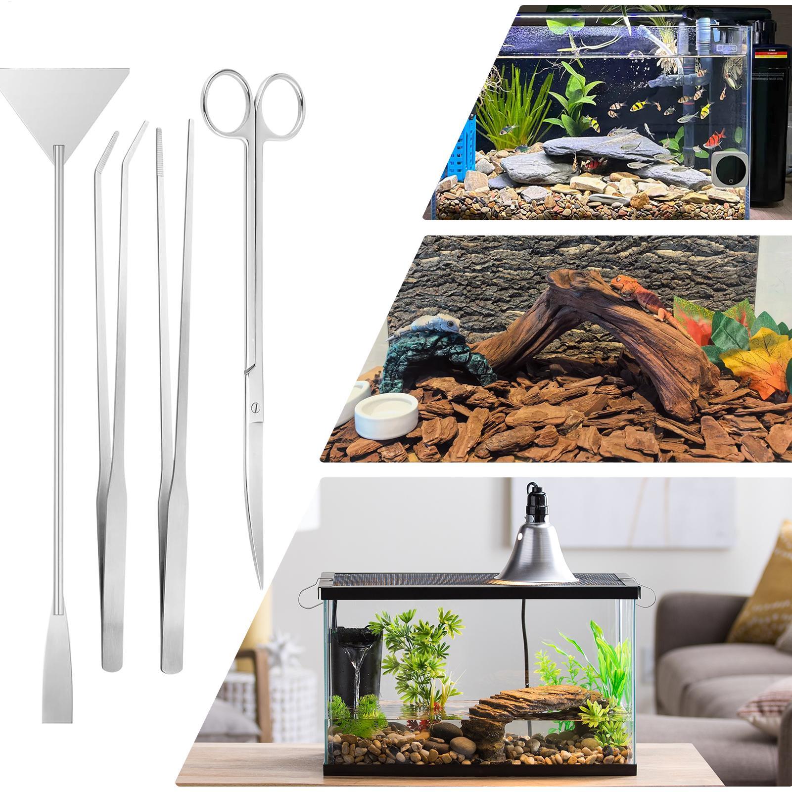 Planted Aquarium Cleaning Kit - ชุดเครื่องมือตู้ปลา 4 ชิ้นชุดทำความสะอาดตู้ปลาสแตนเลสพร้อมแหนบกรรไกรและไม้พายสำหรับปลูกอาหารบำรุงรักษา